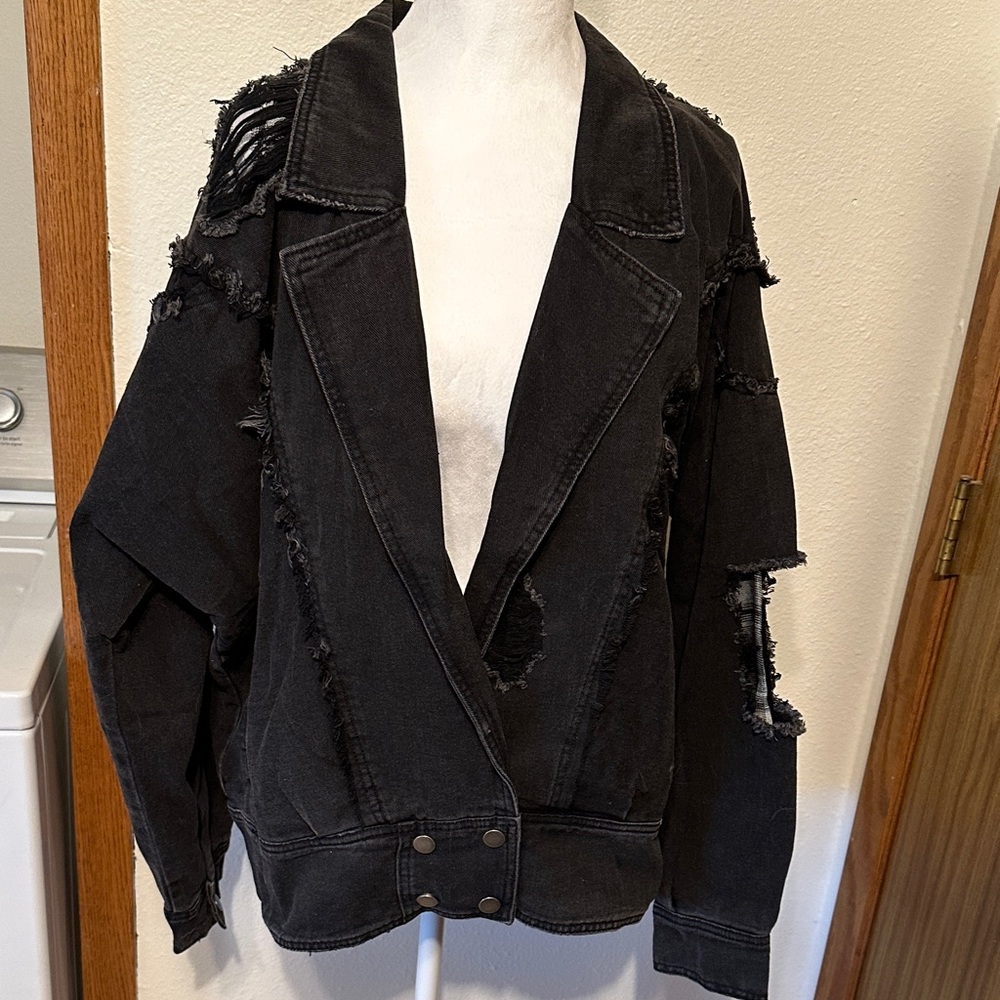 NWT Easel Black Distressed Jean Jacket